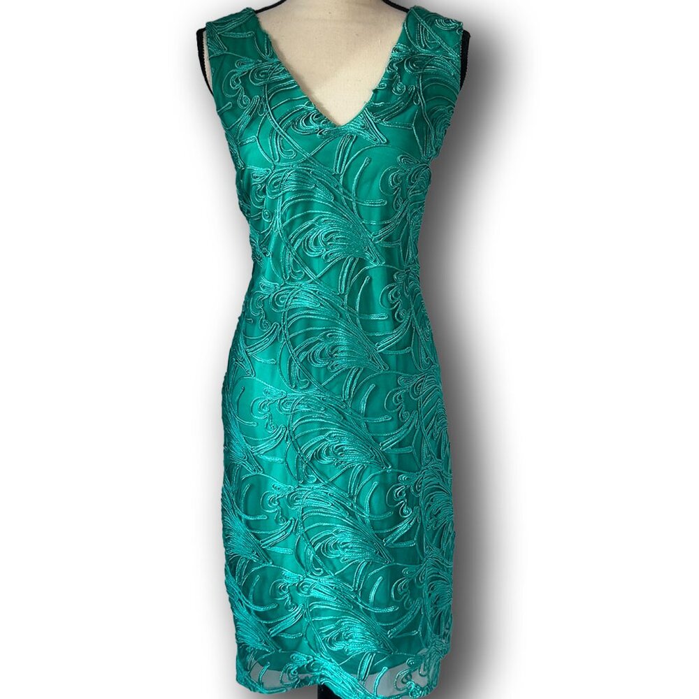 XL Emerald Embroidered Sheath Cocktail Dress Wedding Guest MOB Holiday Glam - Picture 2 of 9